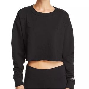 NWOT ALO Yoga Women’s Black Distressed Cropped Crewneck Sweatshirt